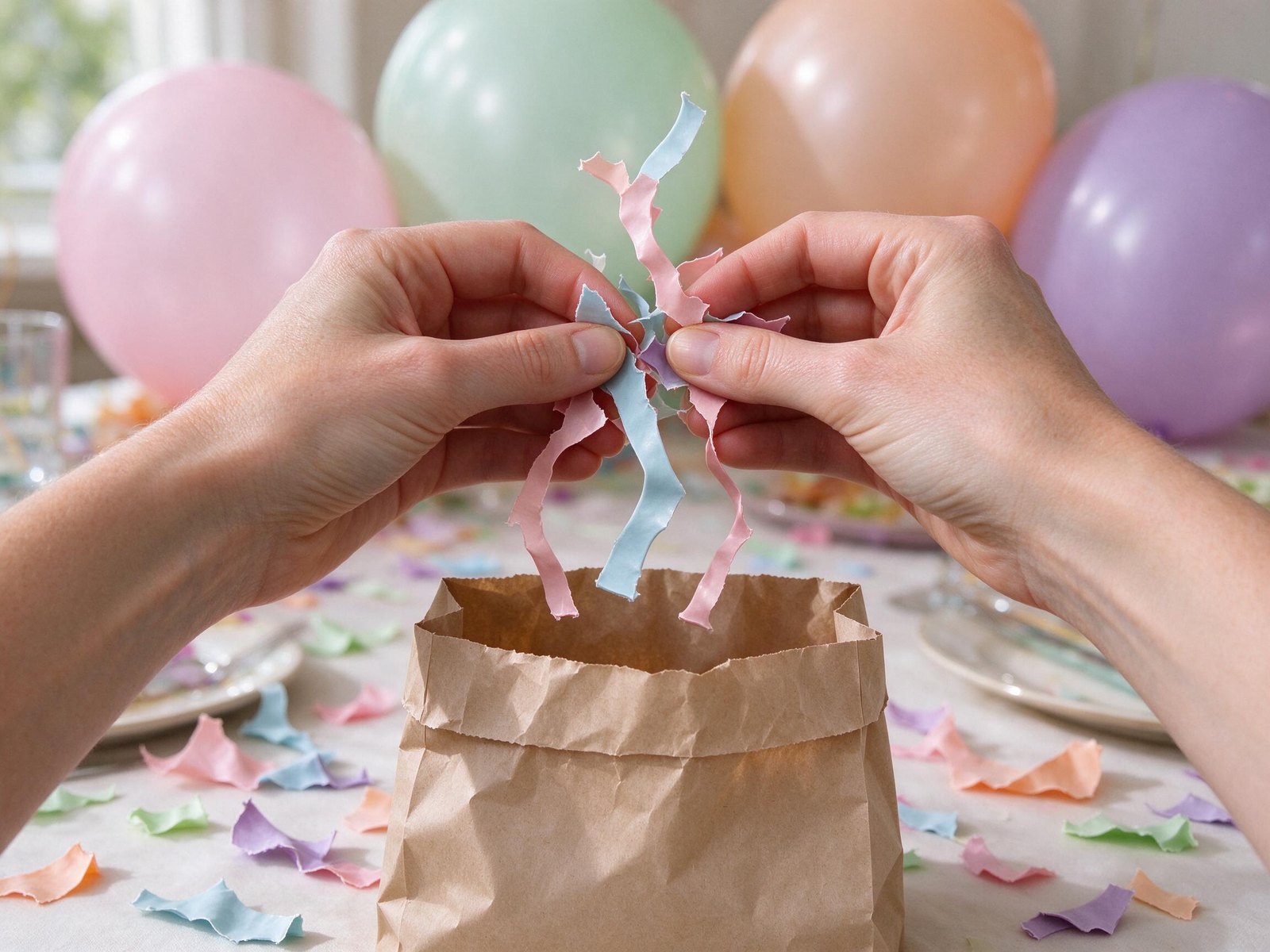Collecting popped balloon pieces into a recycling bag after a party