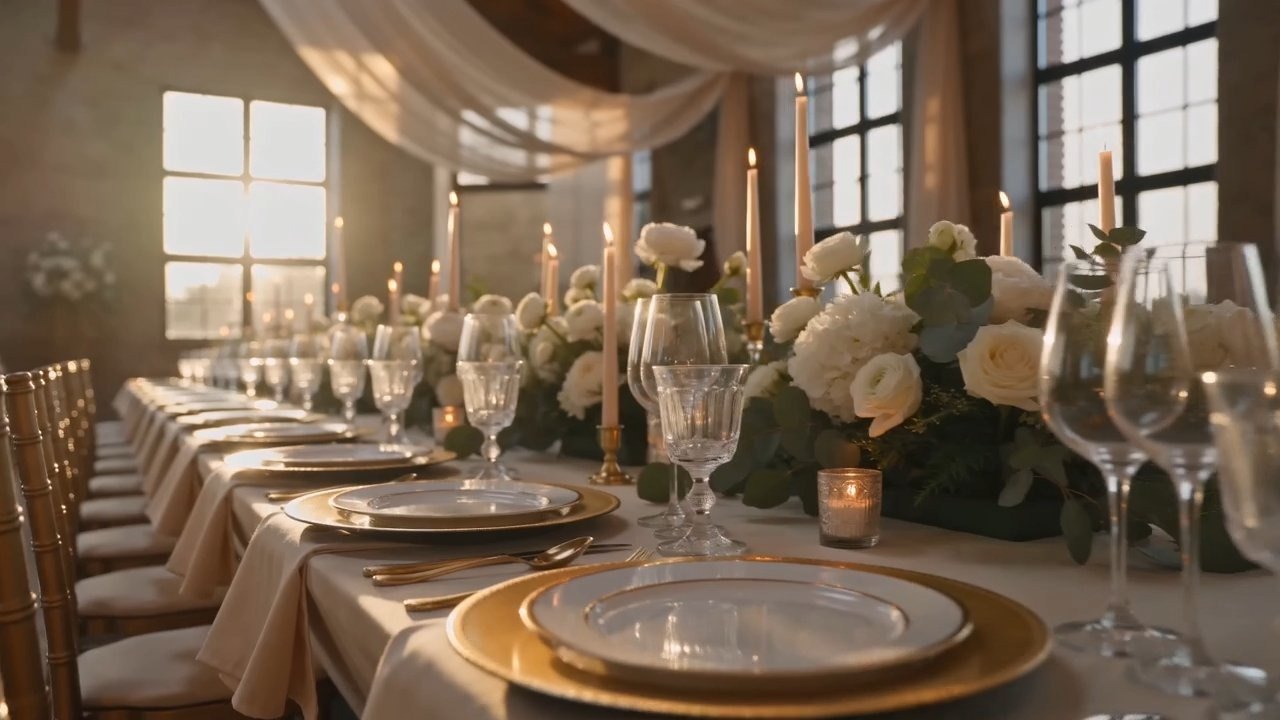 Candlelit wedding reception table with white roses, gold chargers and crystal glasses